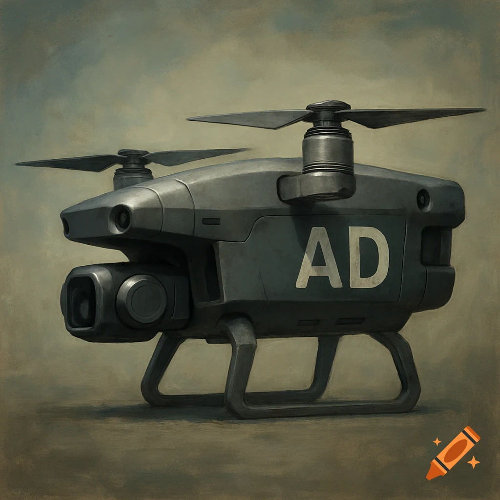 A profile digital painting of a dark gray drone with two propellers and a camera, with the letters 'AD' on its side.