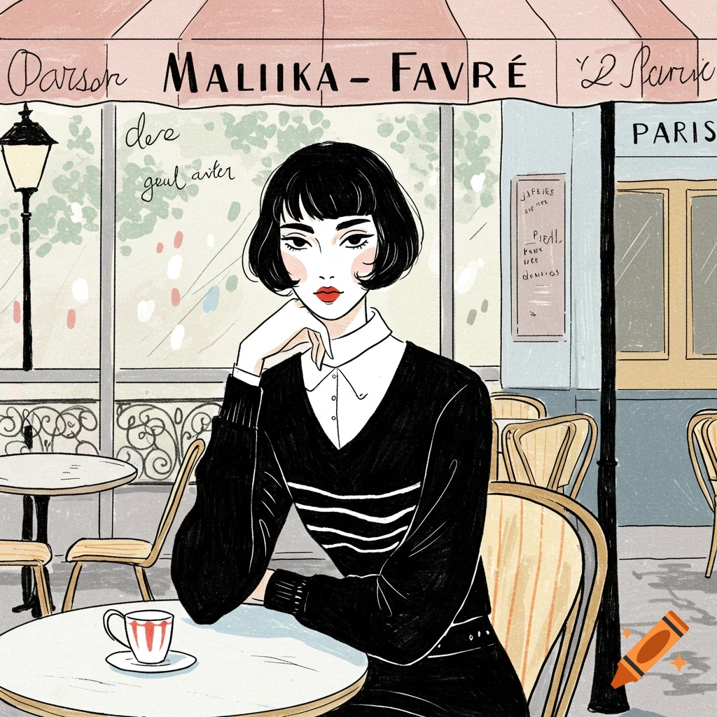 Illustration of a woman at a Parisian cafe with text on awning and sign.