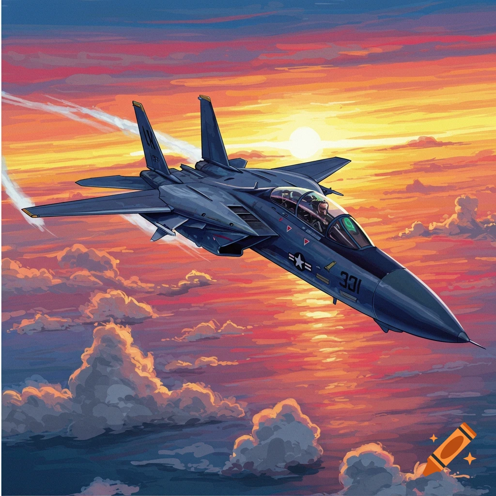 A stylized illustration of a dark blue fighter jet flying through a vibrant orange and purple sunset sky with clouds.