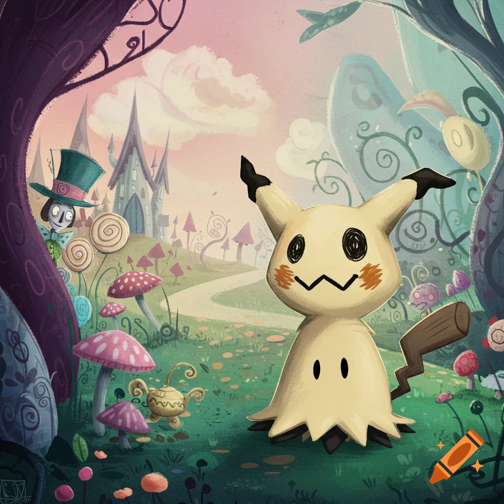Mimikyu in a surreal fantasy forest with giant mushrooms and a Mad Hatter figure, Tim Burton style.