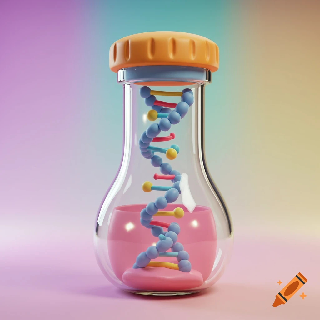 A colorful, cartoony 3D rendering of a DNA double helix inside a glass laboratory vial with pink liquid.