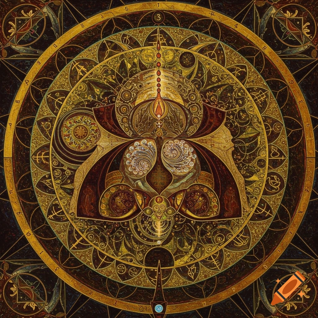 Highly detailed circular abstract art reminiscent of a mandala with golden and dark intricate patterns, featuring subtle symbolic elements and geometric shapes.