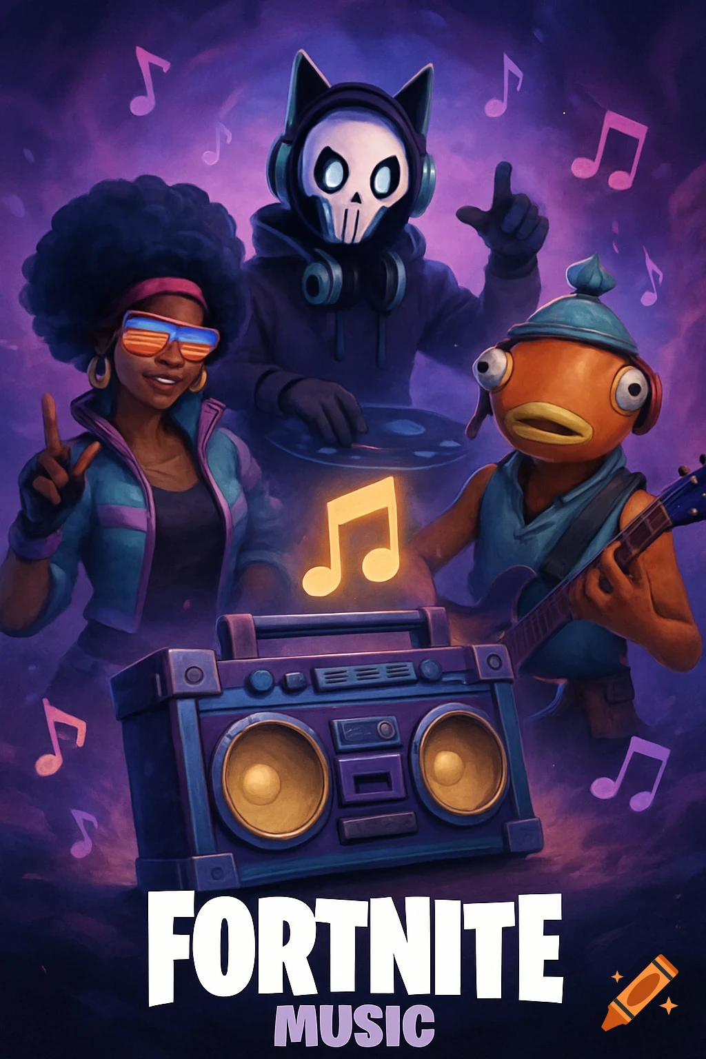 A stylized digital illustration of Fortnite characters, including Fishstick and a DJ, around a boombox with music notes.