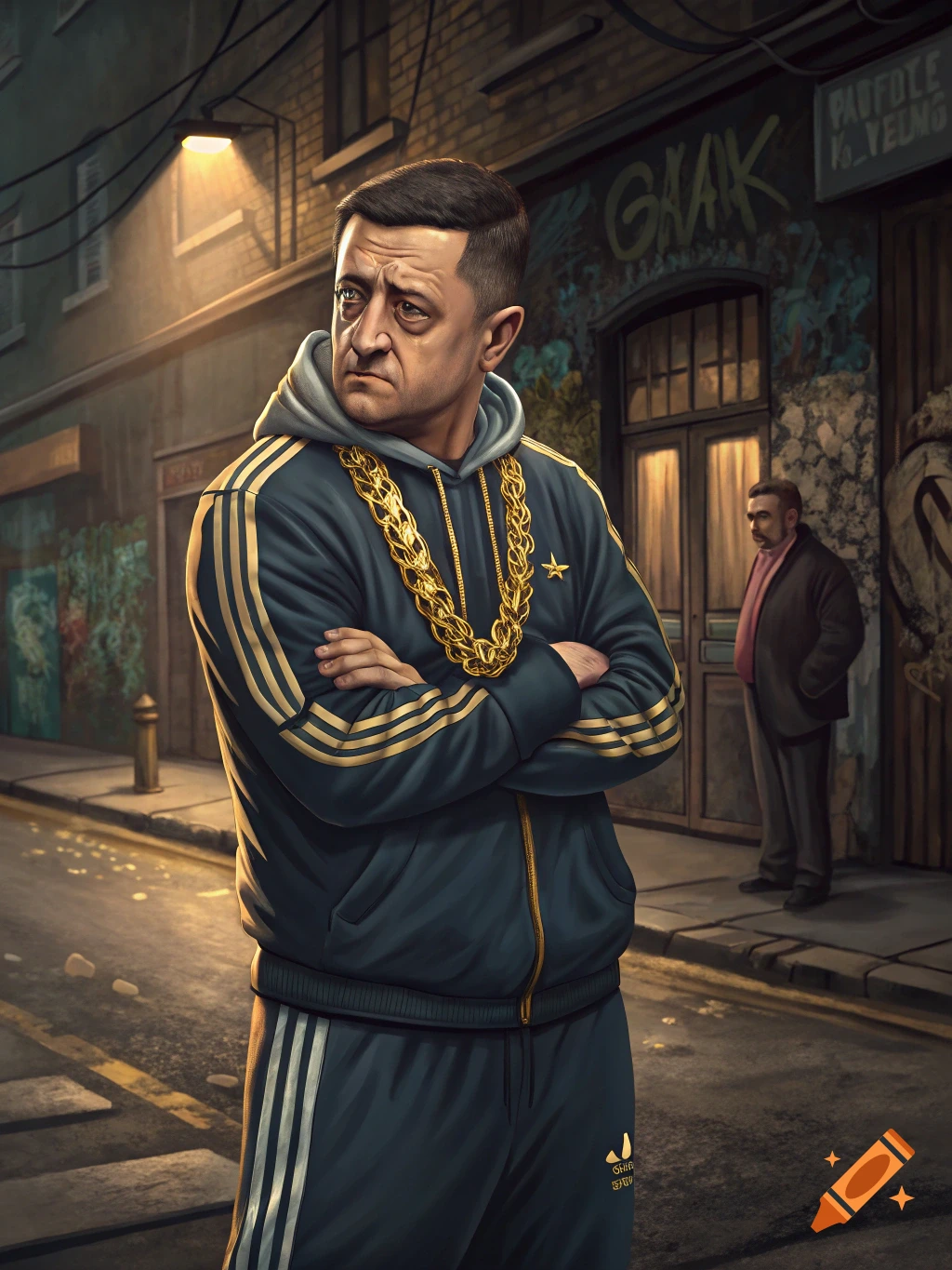 Stylized portrait of a man in a tracksuit and gold chain on a street corner.