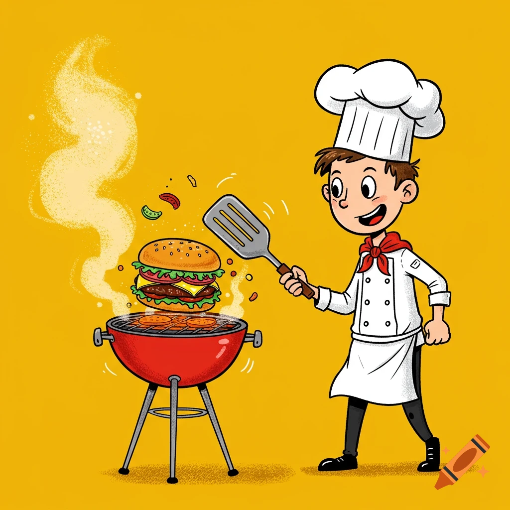 Cartoon chef grilling a burger with a spatula