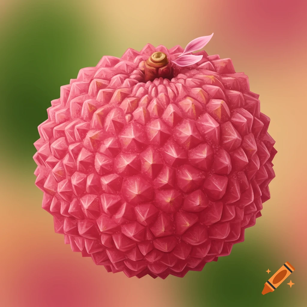 A single, vibrant red lychee fruit with textured skin and a small stem, against a blurred green and pink background.