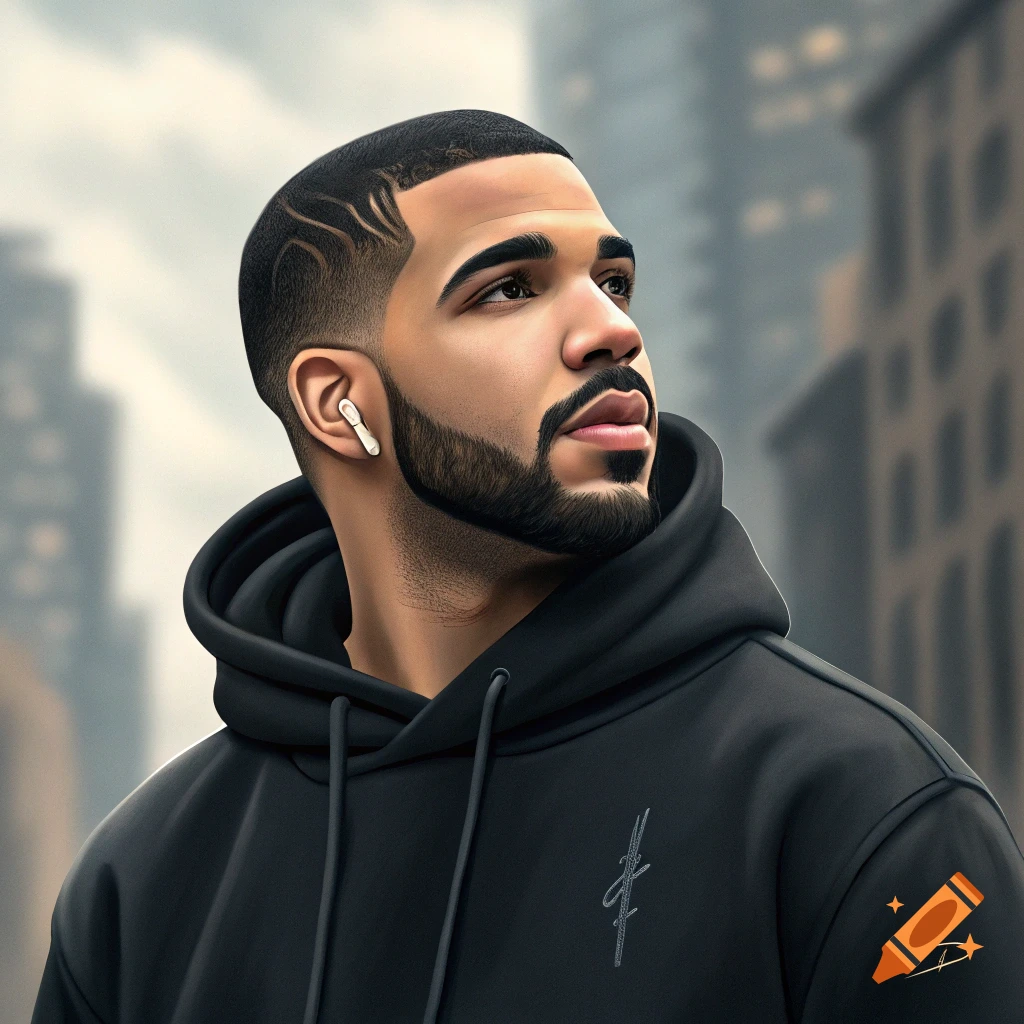 Realistic digital illustration of a man with a beard and faded haircut wearing a black hoodie in an urban setting.