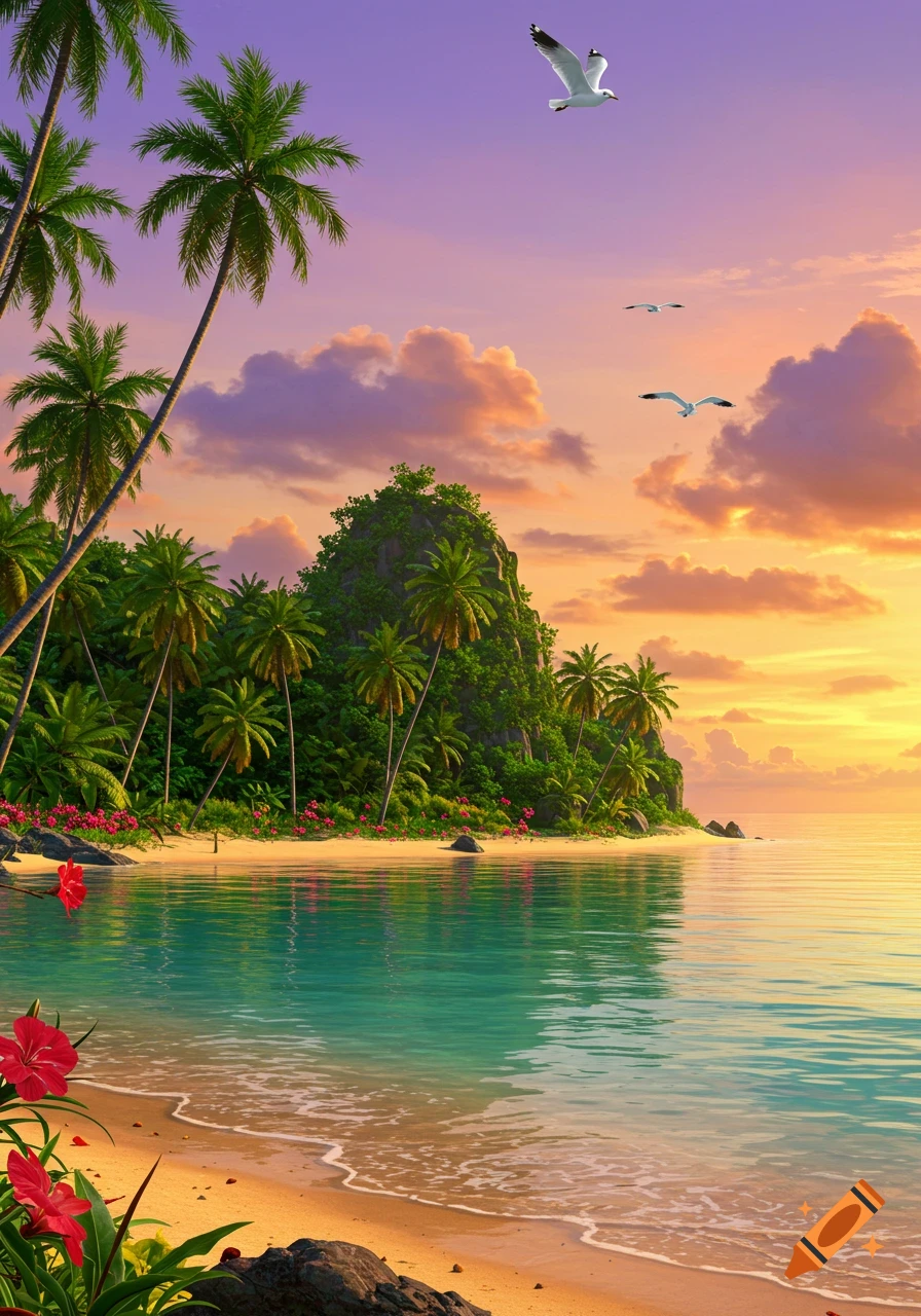 Vibrant tropical beach at sunset with a sandy shore, turquoise water, lush palm trees, and a jungle island under a colorful sky.