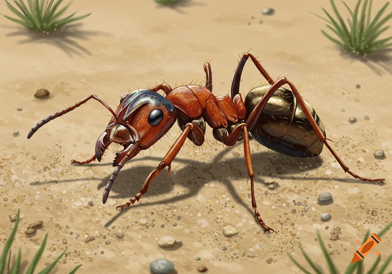 A detailed illustration of a red and black California harvester ant on sandy ground with sparse green grass.