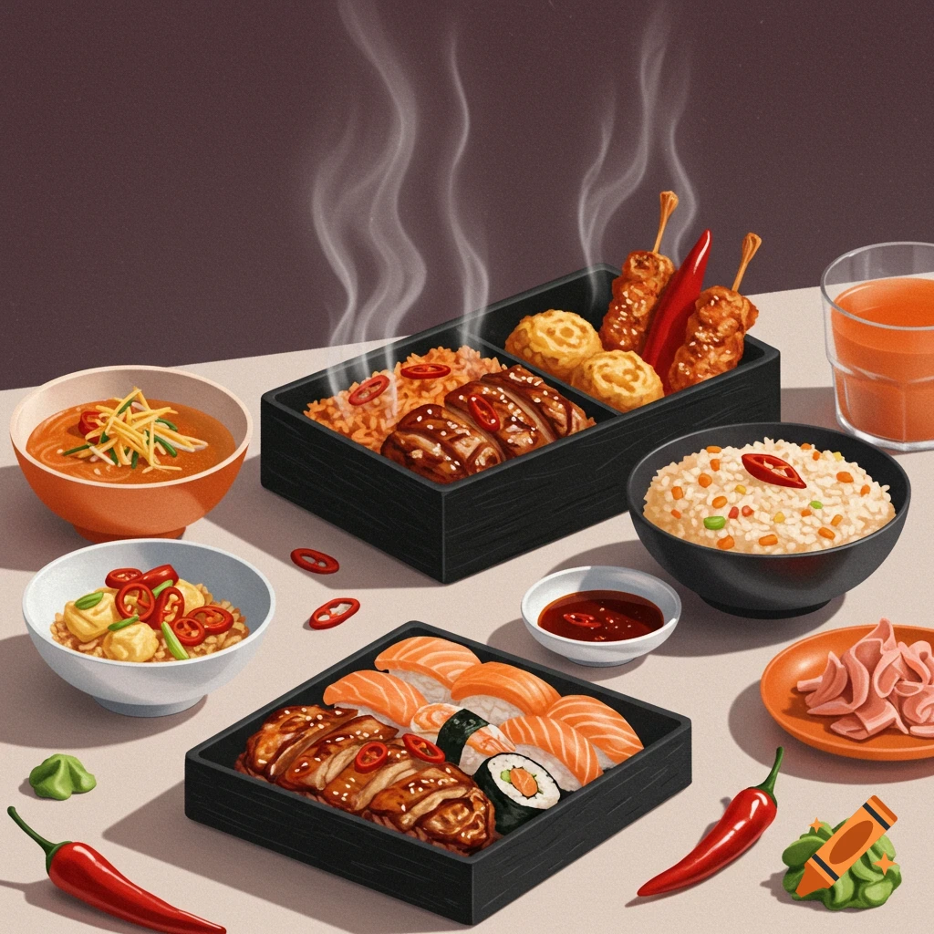 Vibrant Japanese bento box with grilled chicken, spicy rice, sushi, soup, and chili peppers on a table, with steam rising.