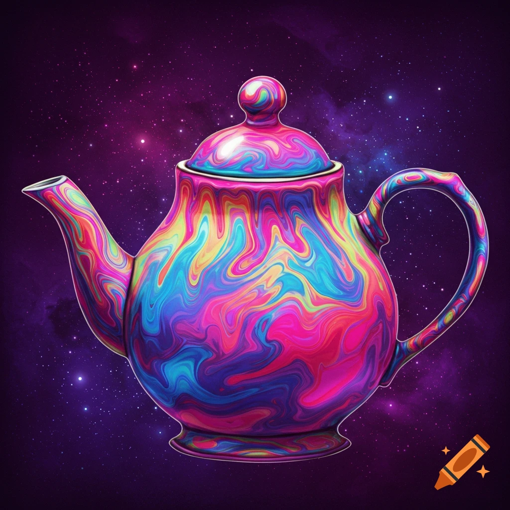 Psychedelic swirling teapot against a starry purple and blue space background