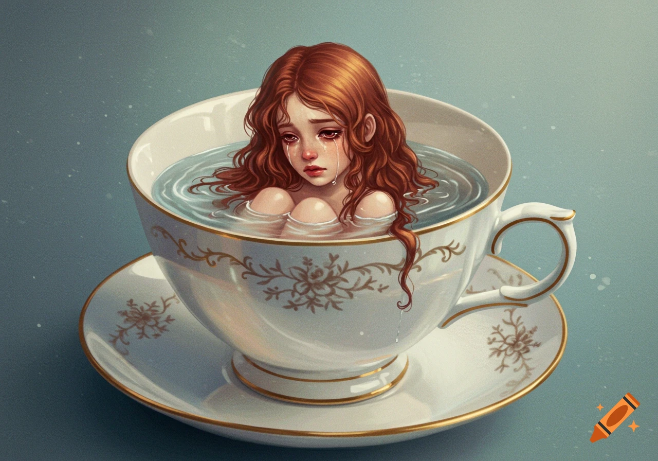 A crying red-haired girl submerged in water inside a decorative teacup, depicted in a stylized illustration.