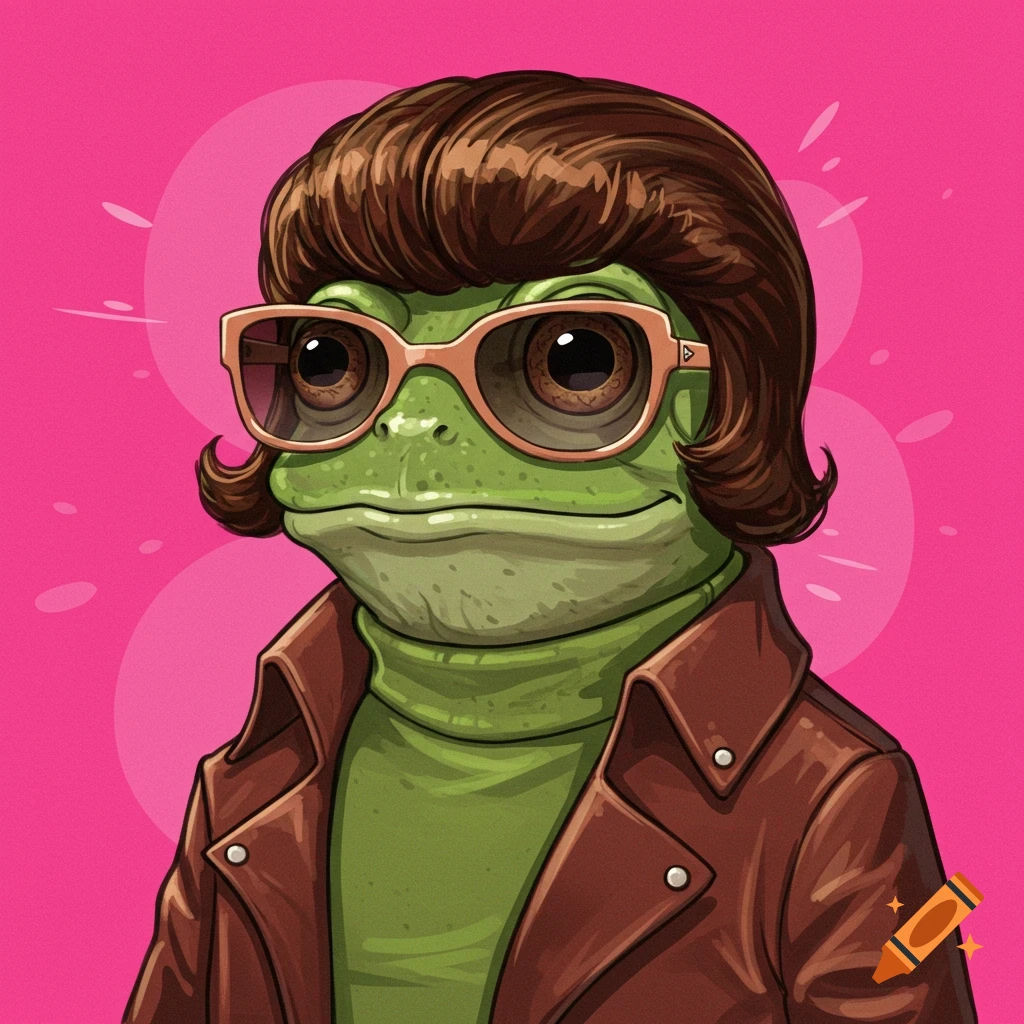 A cartoon frog character with brown hair, pink sunglasses, and a brown leather jacket smiles against a bright pink background.