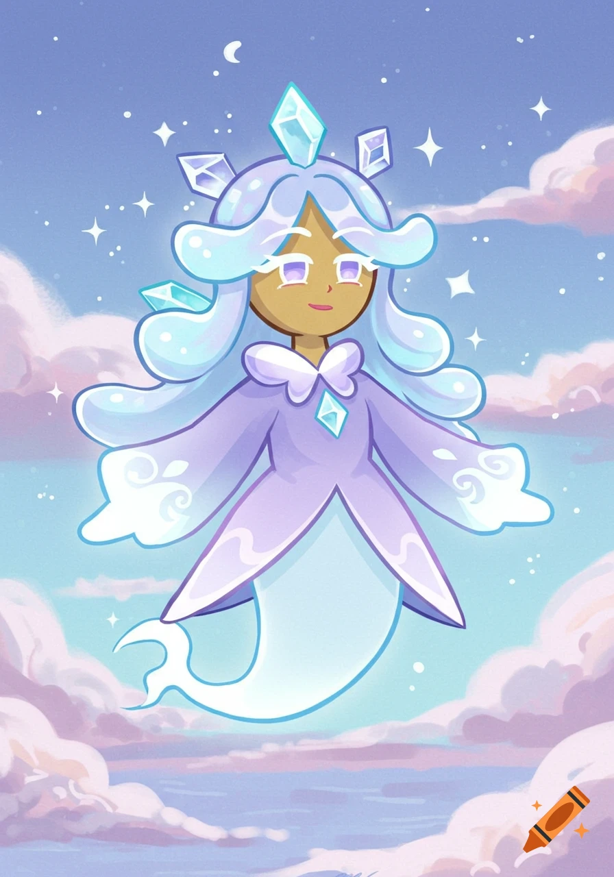 A cute, light blue and purple character in a 'Cookie Run' style, adorned with crystals, floats in a pastel sky with clouds.