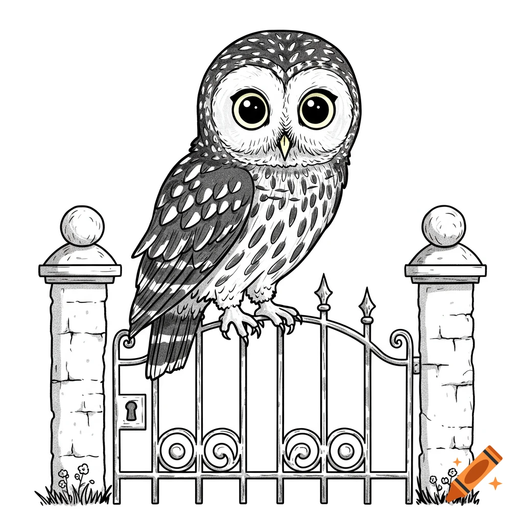 A black and white cartoon illustration of a Barred owl perched on a garden gate.