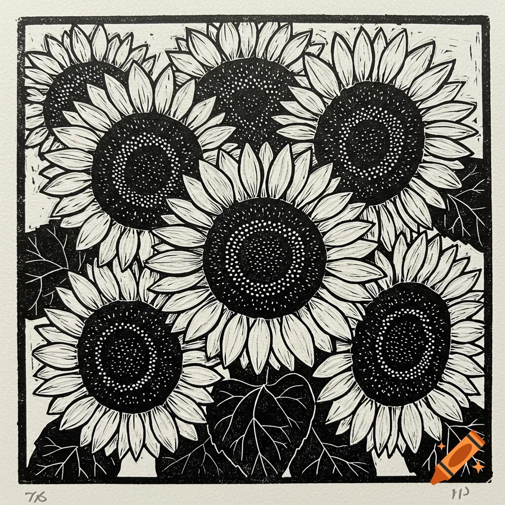 Black and white linocut print of sunflowers