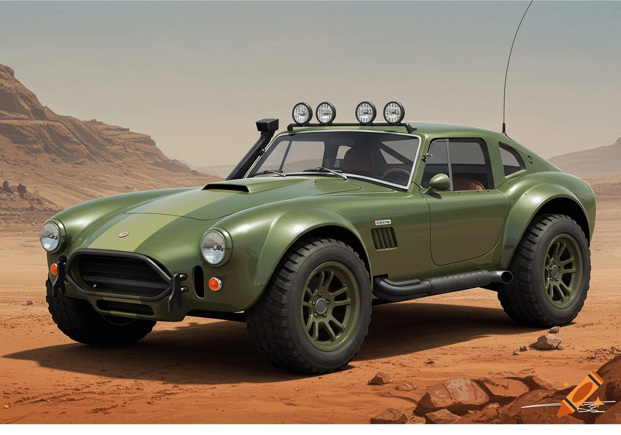 A green military-style off-road car with large tires and roof lights in a desert landscape with mountains.