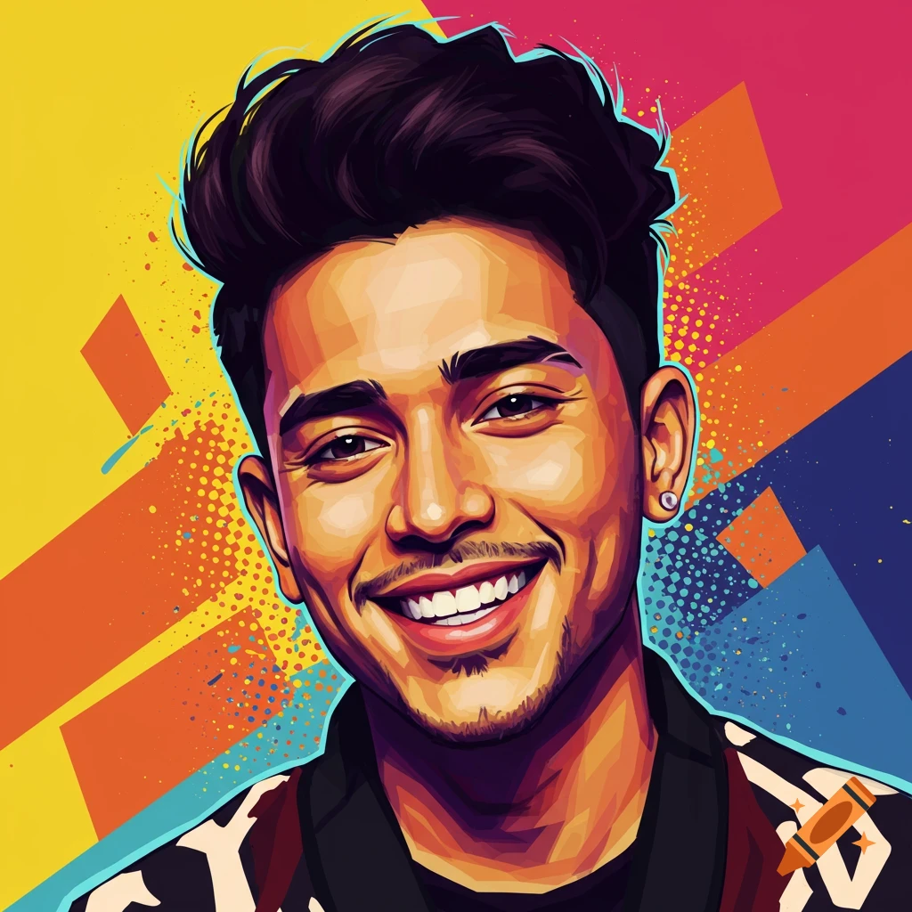 A vibrant, stylized portrait of a smiling man with dark hair, a mustache, and a beard, set against a colorful abstract background.