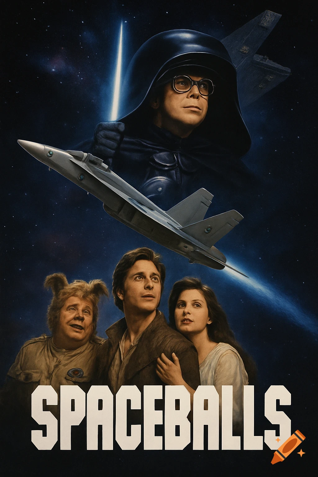 Spaceballs movie poster with characters Lone Starr, Princess Vespa, Barf, and Dark Helmet, an F-18 fighter jet, and a spaceship.