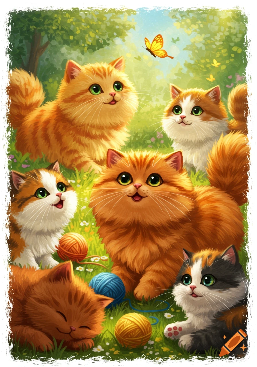 Multiple fluffy, cartoonish kittens play in a vibrant green meadow with yarn, flowers, and a butterfly.