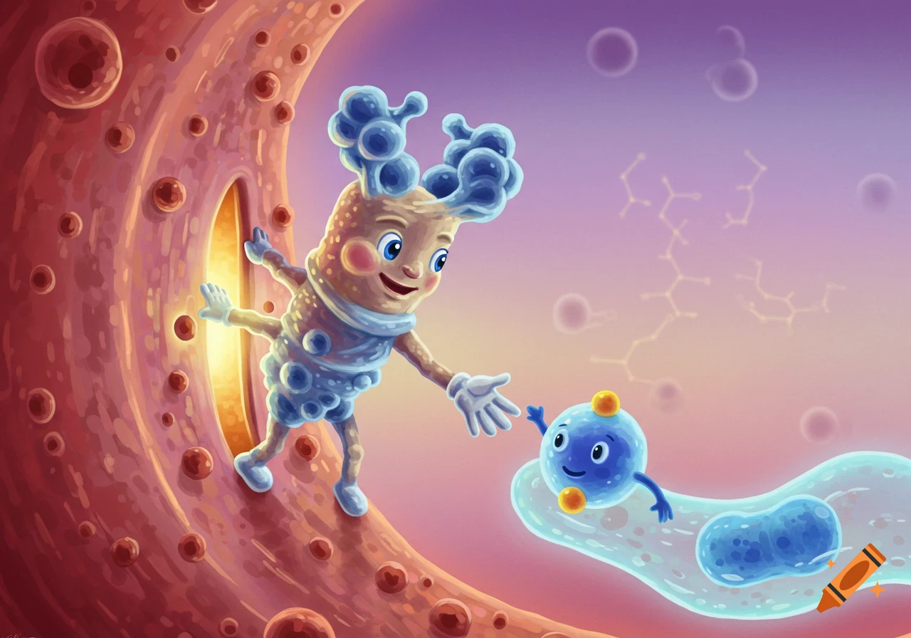 Cartoon insulin molecule opening a cell for a glucose molecule in a colorful biological illustration.