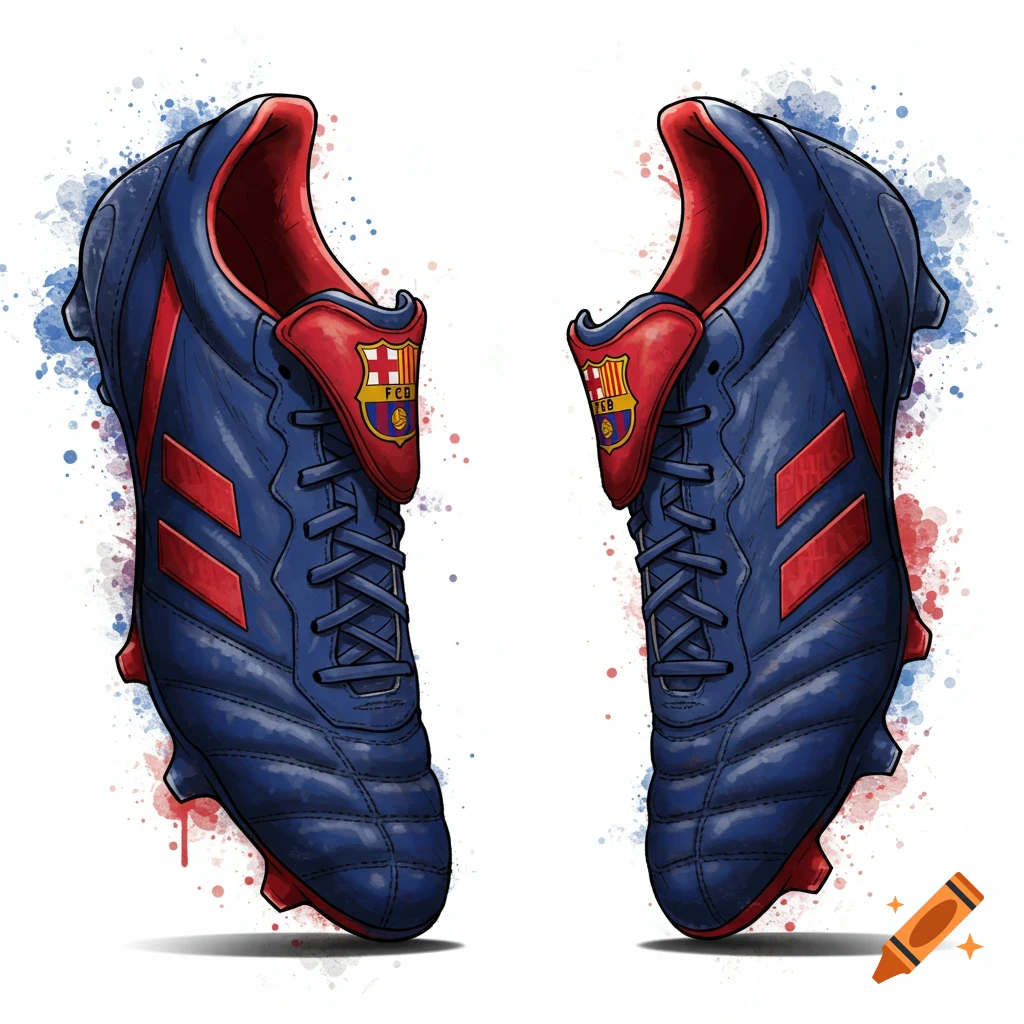 Illustration of two blue and red soccer cleats with the FCB logo on a white background with watercolor splatters.