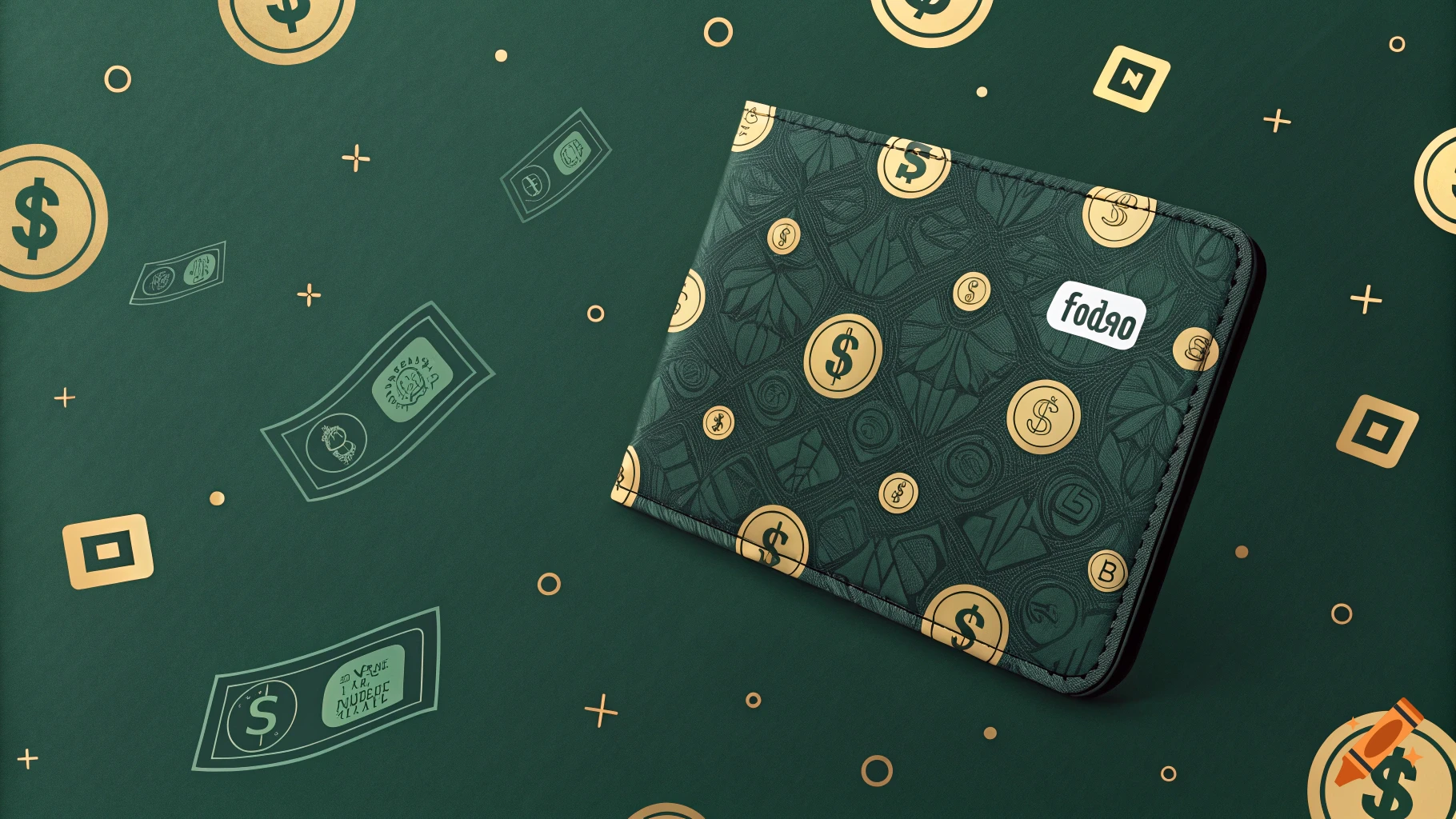 A dark green background with a stylized wallet patterned with dollar signs and floating money icons and abstract shapes.