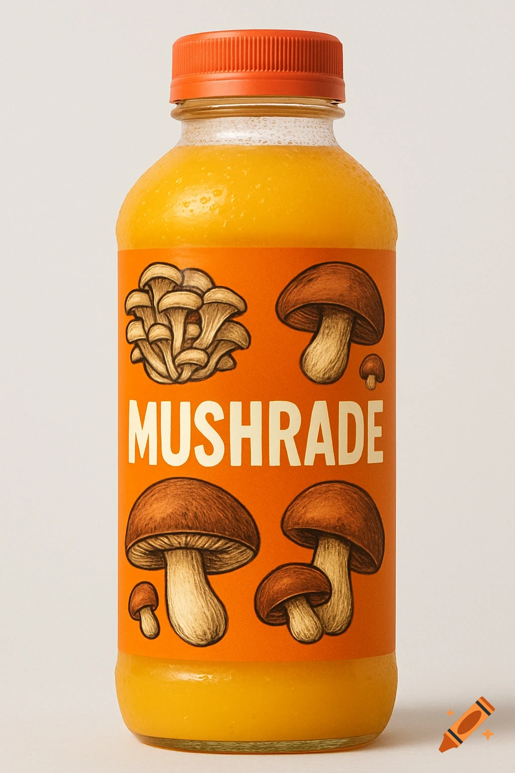 A photo of an orange juice bottle with mushroom illustrations on an orange label and the text MUSHRADE.
