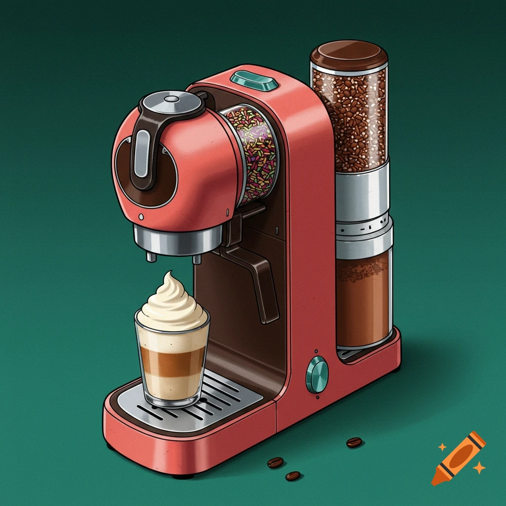 Stylized illustration of a red coffee machine with various dispensers, pouring a layered coffee drink topped with whipped cream.