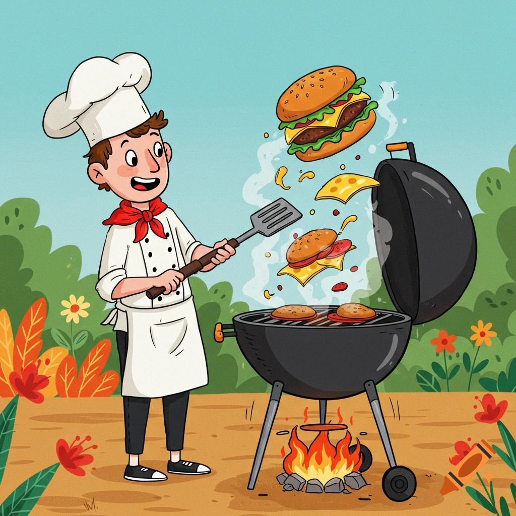 Cartoon illustration of a chef grilling burgers outdoors.