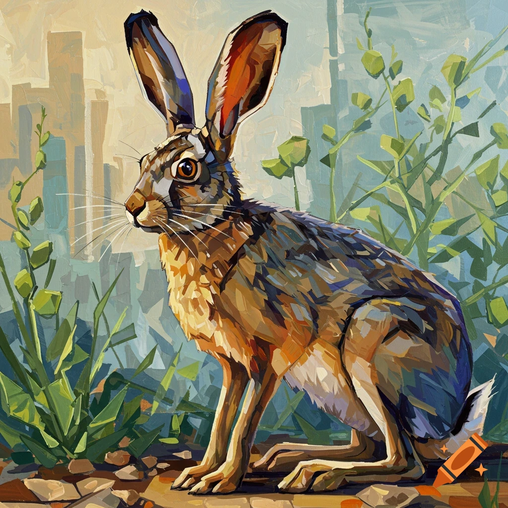 Cubist painting of a jack rabbit outdoors