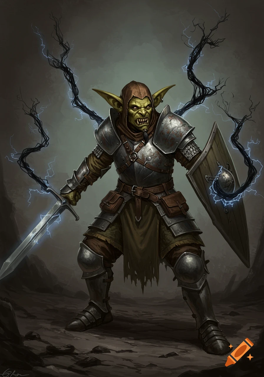 A green-skinned D&D hobgoblin warrior in metal armor holds a sword and shield, with black lightning arcs.