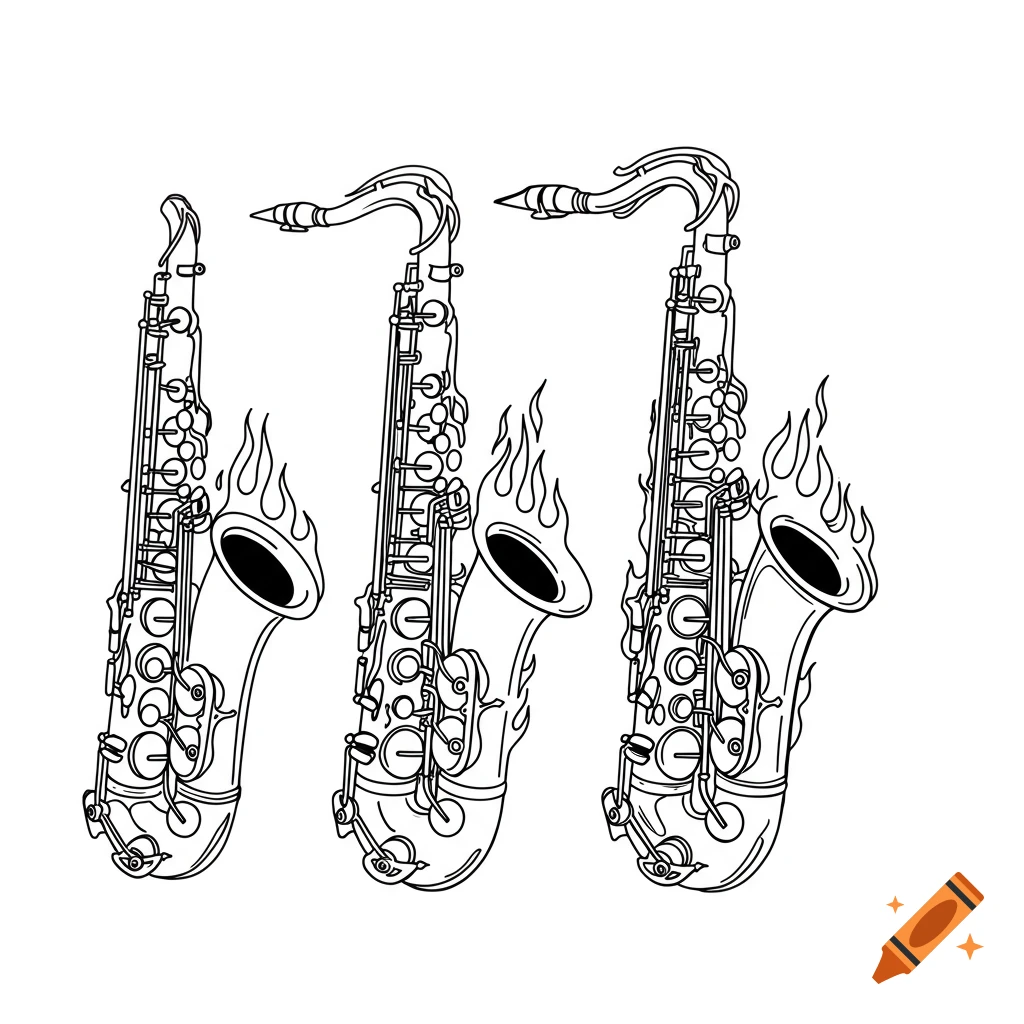 Line art of three saxophones with flames