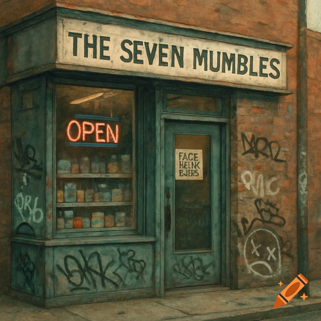 A grungy, green-painted corner store named "The Seven Mumbles" with an "OPEN" neon sign and graffiti on its brick walls.