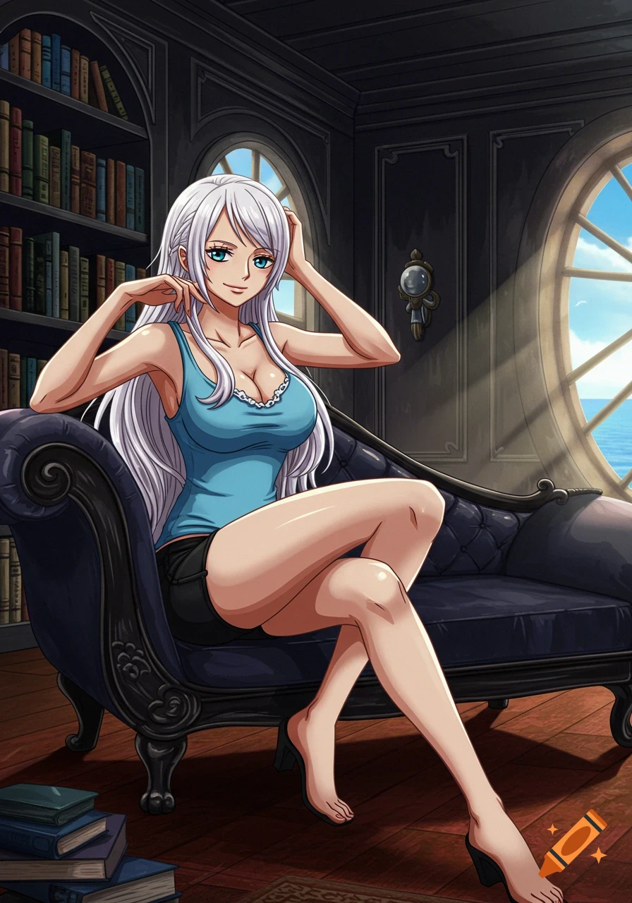 A white-haired, blue-eyed anime character sits on a chaise lounge in a library with an ocean view from a ship window.