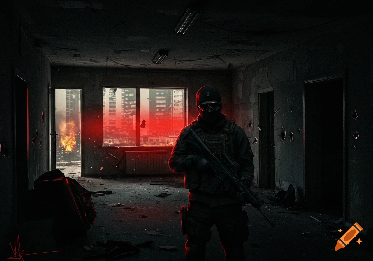 A masked soldier in sunglasses holds a rifle in a dark, ruined urban room with red light from outside and distant fires.