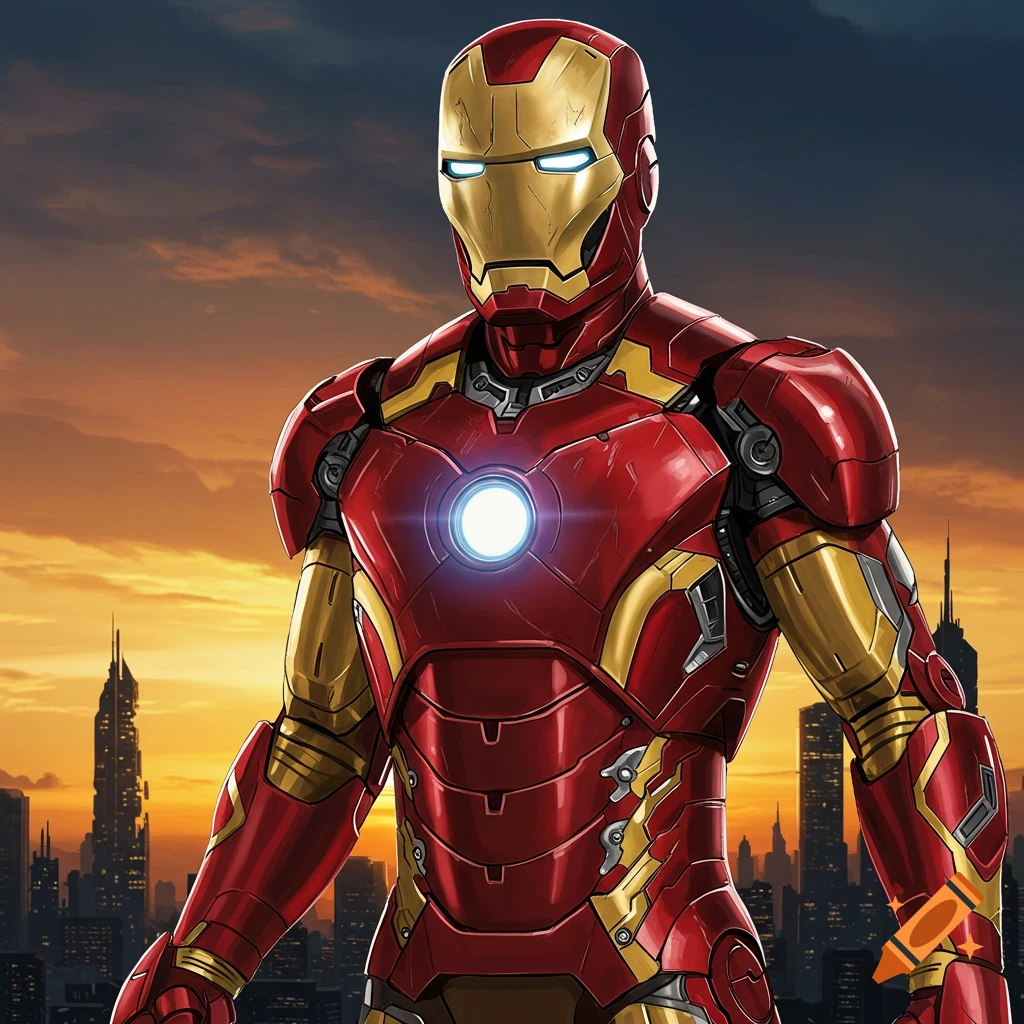Iron Man in his iconic red and gold suit stands against a vibrant sunset cityscape in a comic book art style.