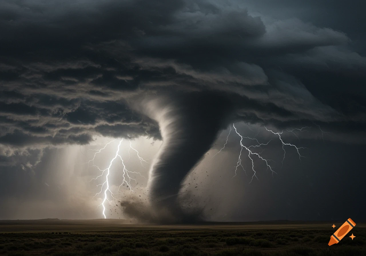A powerful, dark tornado rips through an open field under a stormy sky, illuminated by multiple lightning strikes. Photorealistic.