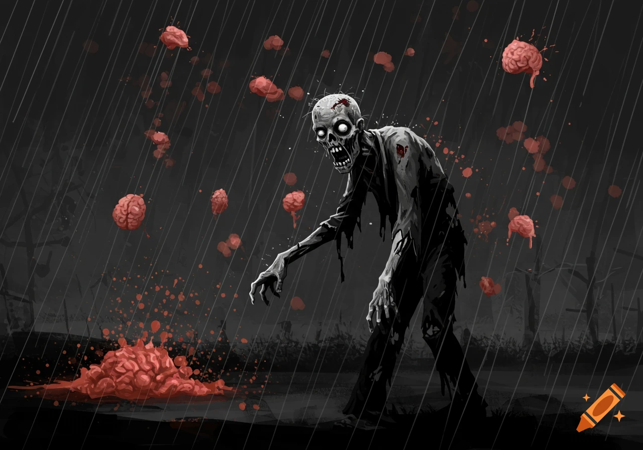 Stylized black and white illustration of a zombie standing in the rain with brains falling from the sky.