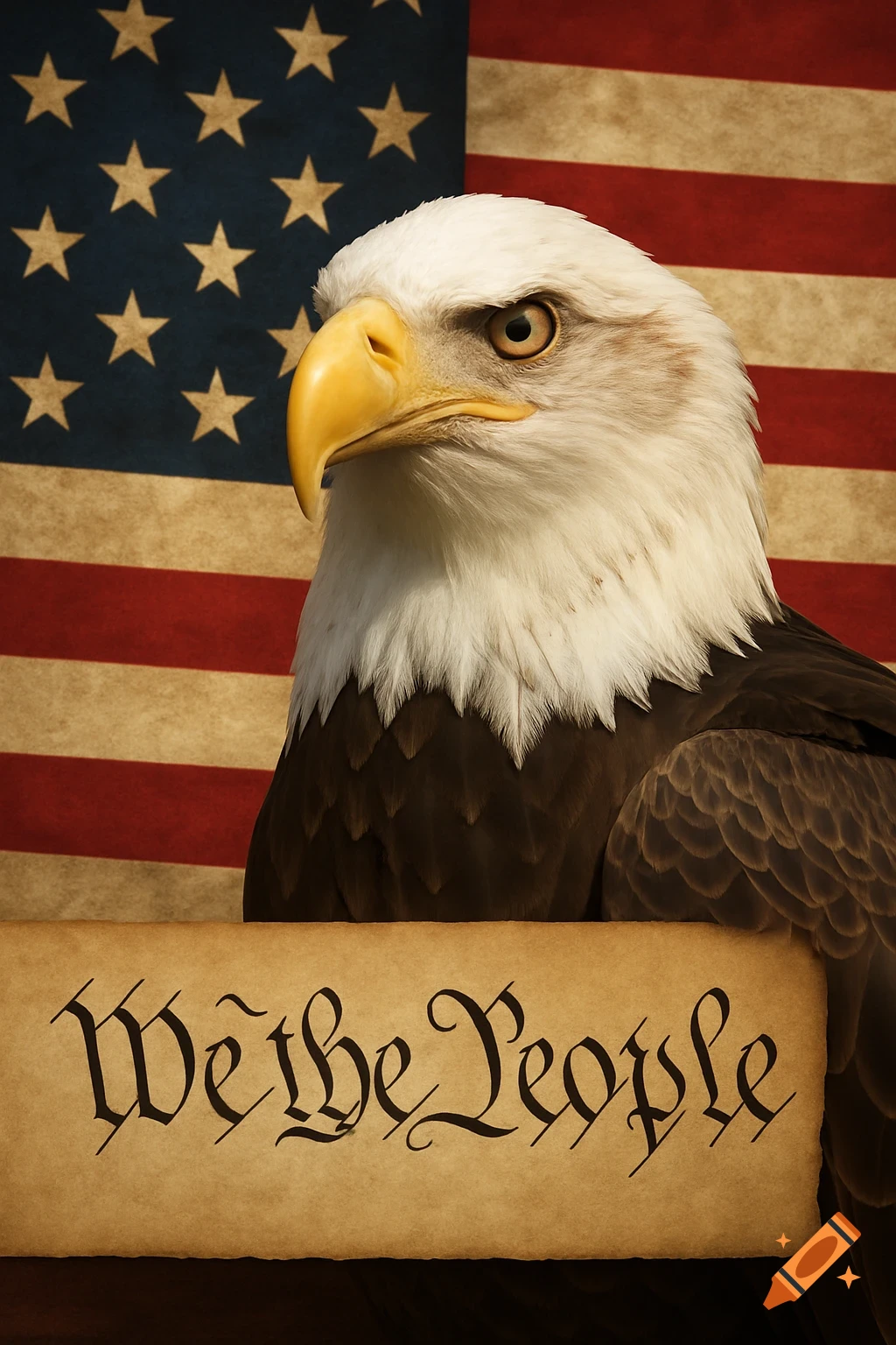 A bald eagle stands in front of a vintage American flag, with a scroll bearing 'We the People' at the bottom.