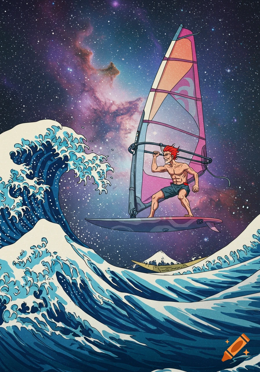 A red-haired man windsurfing on a giant Japanese wave against a vibrant cosmic background.