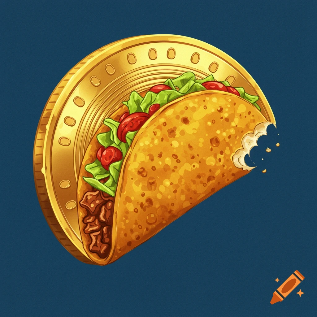 An illustration of a shiny gold coin shaped like a taco filled with meat, lettuce, and tomatoes, with a bite taken out of the shell.