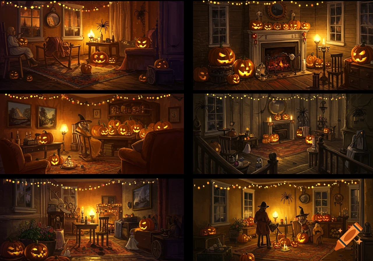 Six panels showing cozy, spooky indoor scenes decorated for Halloween with jack-o'-lanterns and lights.