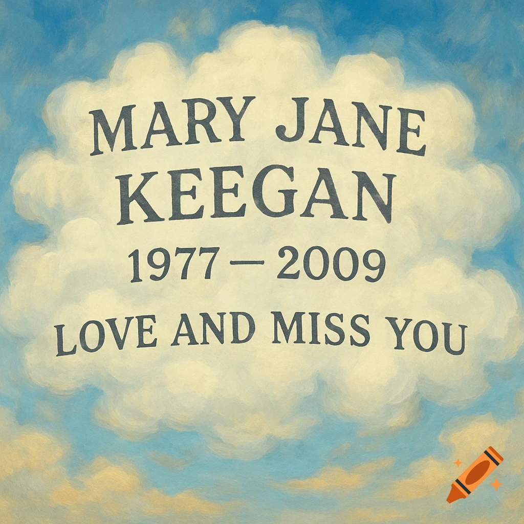 A memorial message 'MARY JANE KEEGAN 1977-2009 LOVE AND MISS YOU' in black text on a large white cloud against a blue sky.