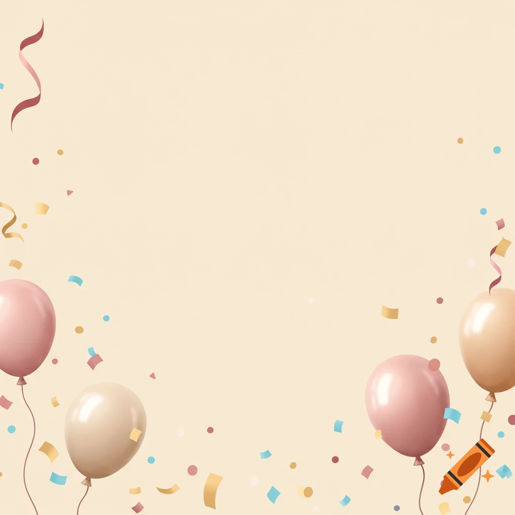 Pink and beige balloons with colorful confetti and ribbons on a light background.