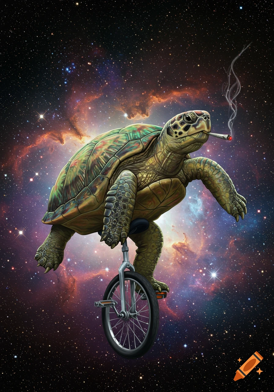 A cell-shaded turtle smokes a cigarette while riding a unicycle through a vibrant, star-filled galaxy with nebulae.