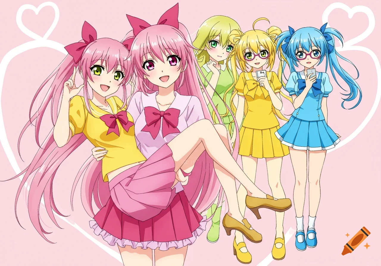 Five smiling anime girls with colorful hair and outfits posing together. One pink-haired girl is being carried.