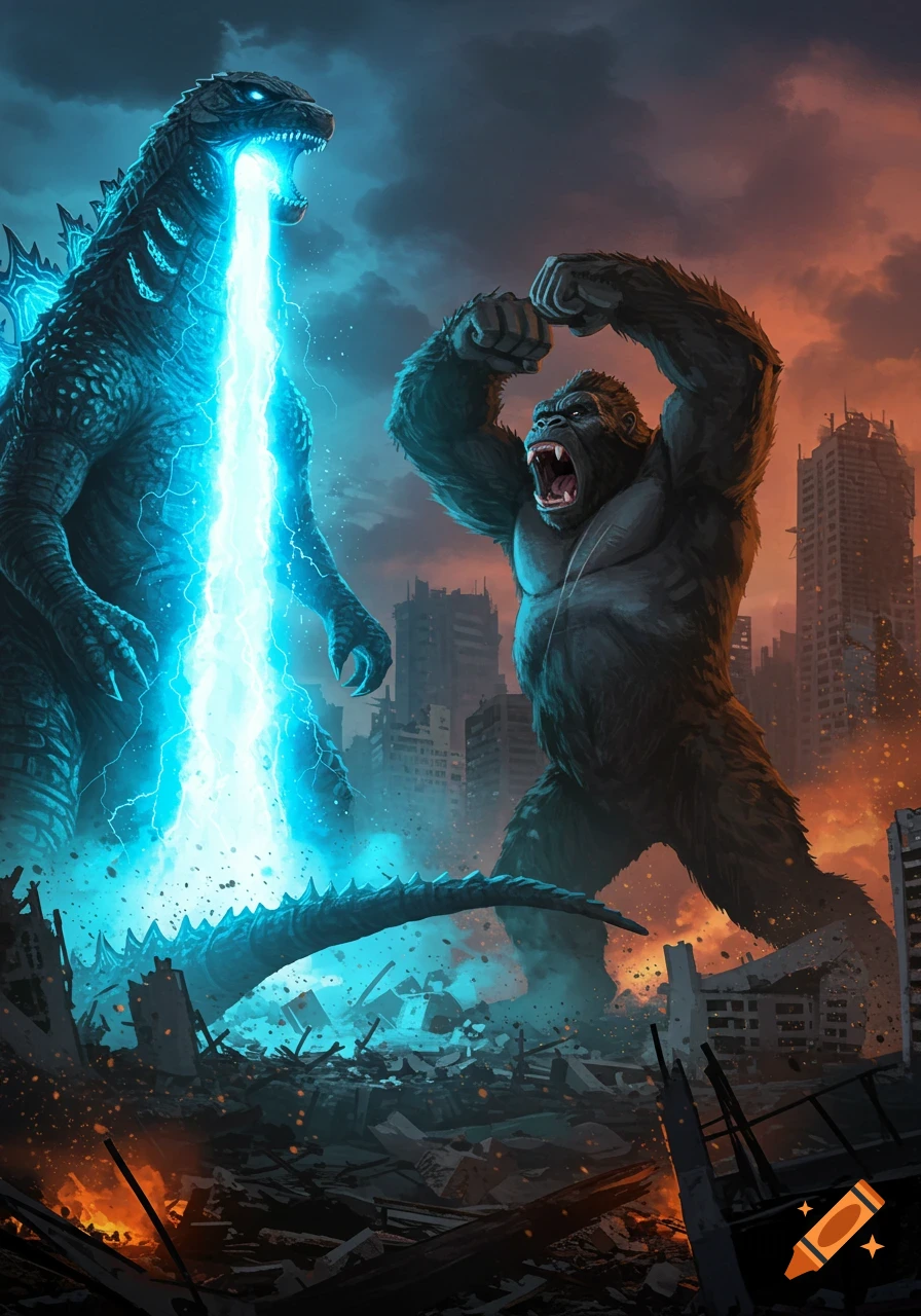 Godzilla blasts atomic breath at King Kong as they battle in a destroyed city, digital art.