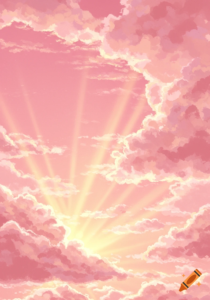 Pink clouds illuminated by golden sun rays in a painting