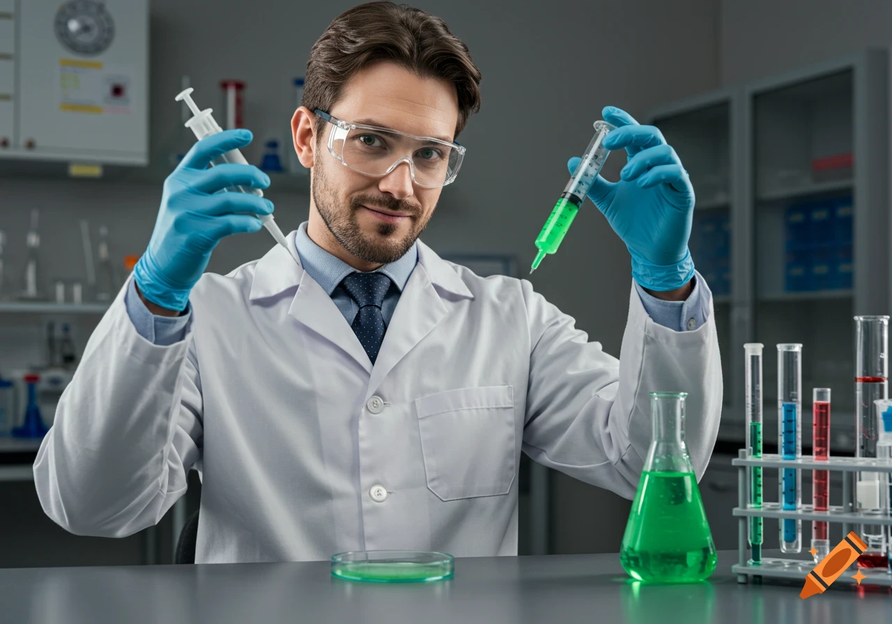 A scientist in a lab coat and goggles holds two syringes, one filled with green liquid, and smiles smugly.